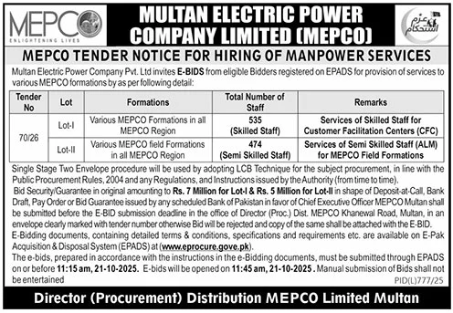 Multan Electric Power Company Limited Tender Notice 1